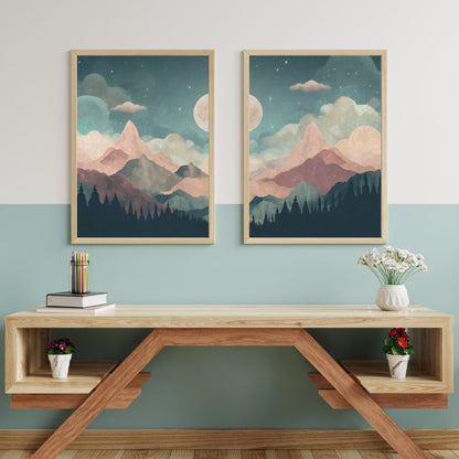 Mountain & Forest Wall Art, Teal and Pink Kids Room Decor, Boho Design - WildfieldPrints