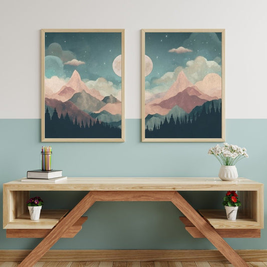 Mountain & Forest Wall Art, Teal and Pink Kids Room Decor, Boho Design - WildfieldPrints