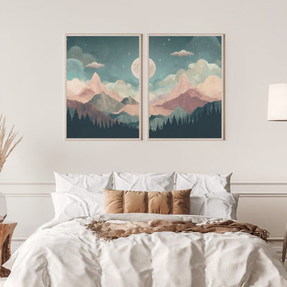 Mountain & Forest Wall Art, Teal and Pink Kids Room Decor, Boho Design - WildfieldPrints