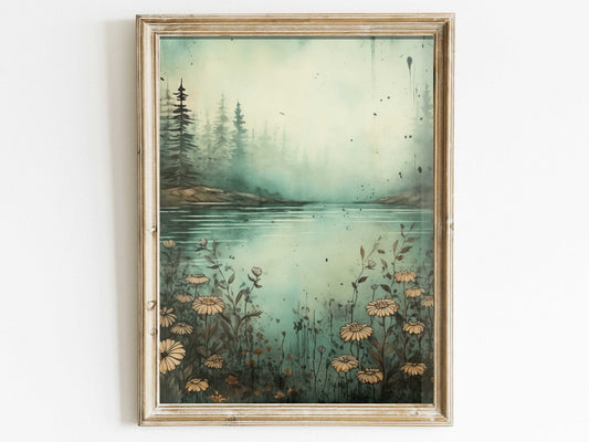 Mountain Landscape Art Print, Vintage Wildflower Artwork, Nature Decor - WildfieldPrints