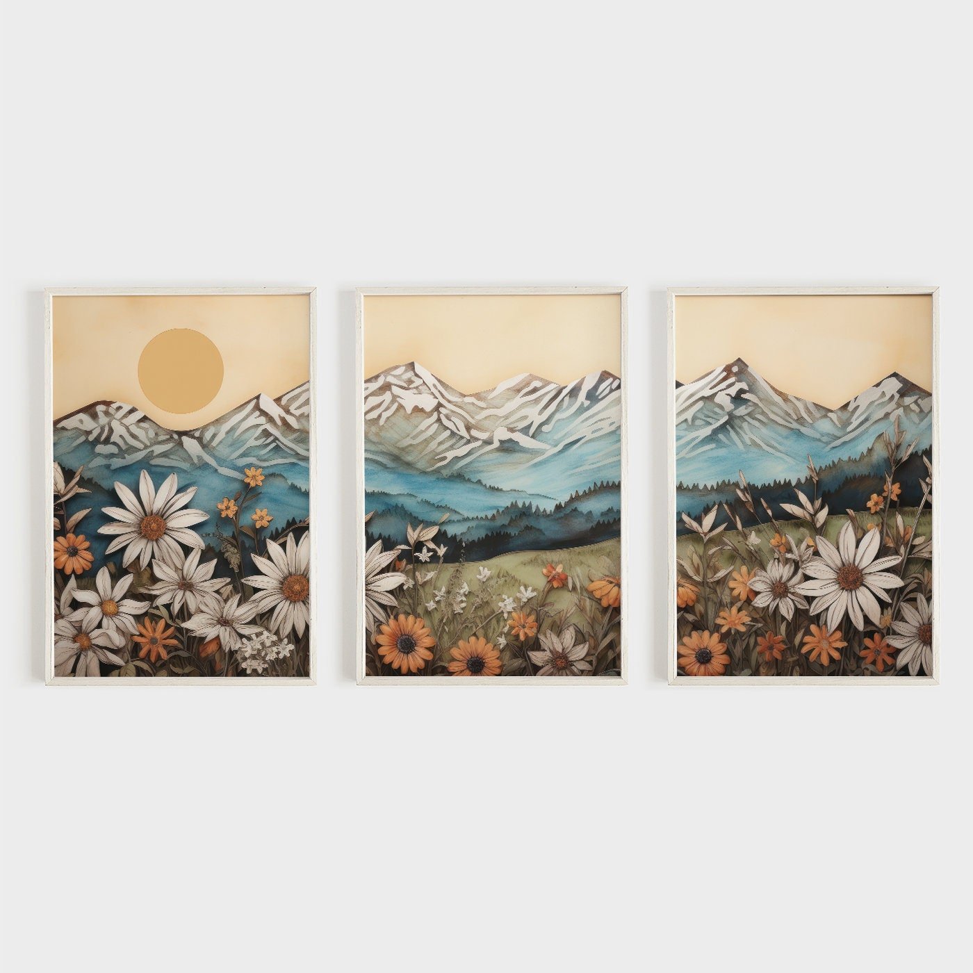 Mountain Landscape Art Print, Vintage Wildflower Artwork, Nature Decor - WildfieldPrints
