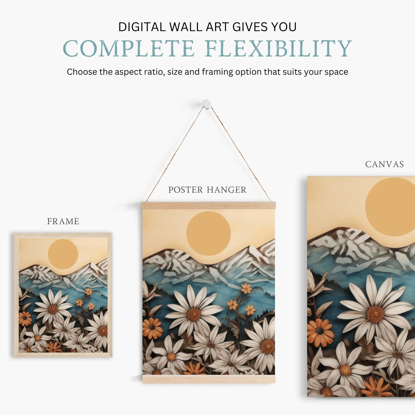 Mountain Landscape Art Print, Vintage Wildflower Artwork, Nature Decor - WildfieldPrints