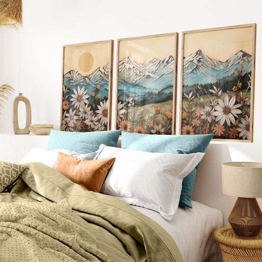 Mountain Landscape Art Print, Vintage Wildflower Artwork, Nature Decor - WildfieldPrints