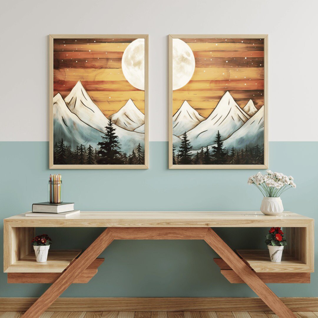 Mountain Landscape Wall Art – Nature Boho Print for Home • Set of 2