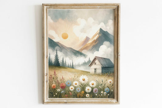 Mountain Landscape Wall Art, Whimsical Cabin Decor, Sunset Print - WildfieldPrints