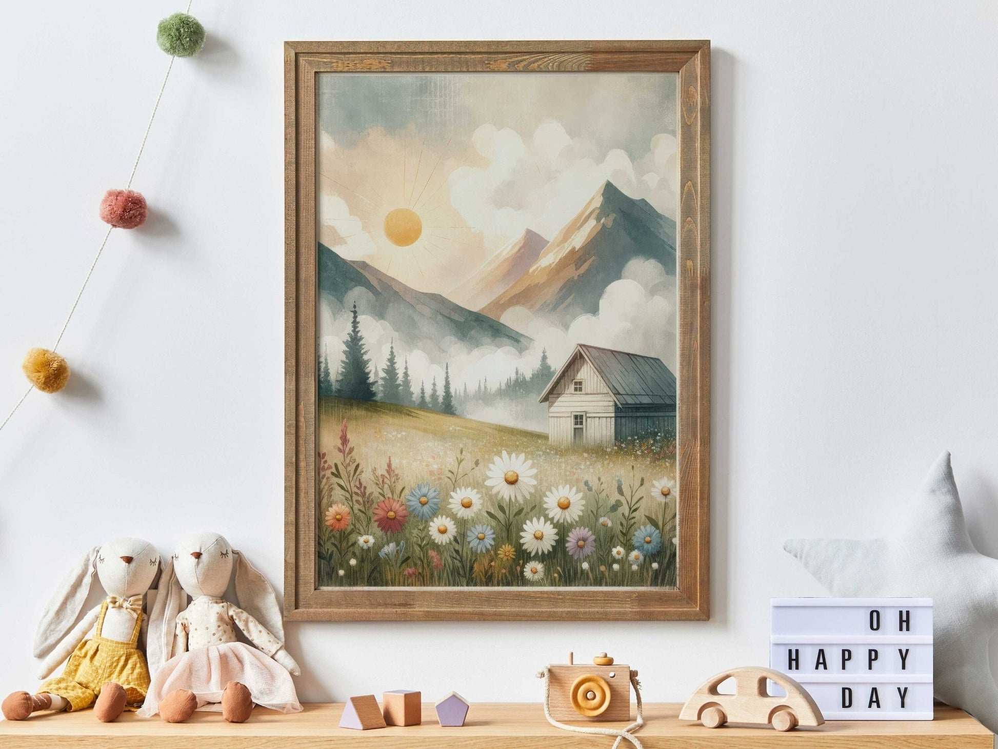 Mountain Landscape Wall Art, Whimsical Cabin Decor, Sunset Print - WildfieldPrints