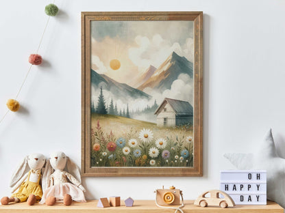 Mountain Landscape Wall Art, Whimsical Cabin Decor, Sunset Print - WildfieldPrints