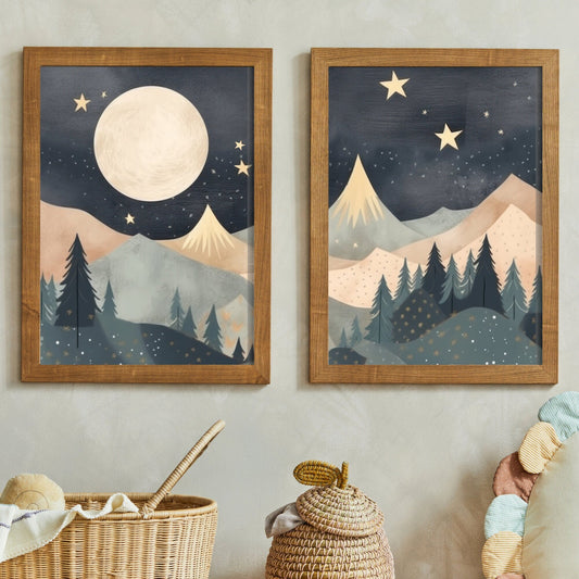 Mountain Nursery Decor, Moon & Stars Kids Room Wall Art, Forest Nature Prints - WildfieldPrints