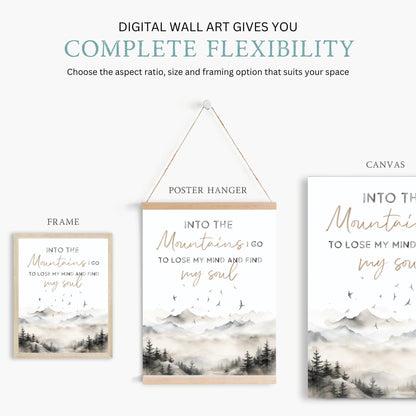 Mountain Wall Art, Adventure & Hiking Quote Decor, Into the Mountains I Go - WildfieldPrints