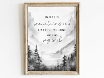 Mountain Wall Art, Adventure & Hiking Quote Decor, Into the Mountains I Go - WildfieldPrints