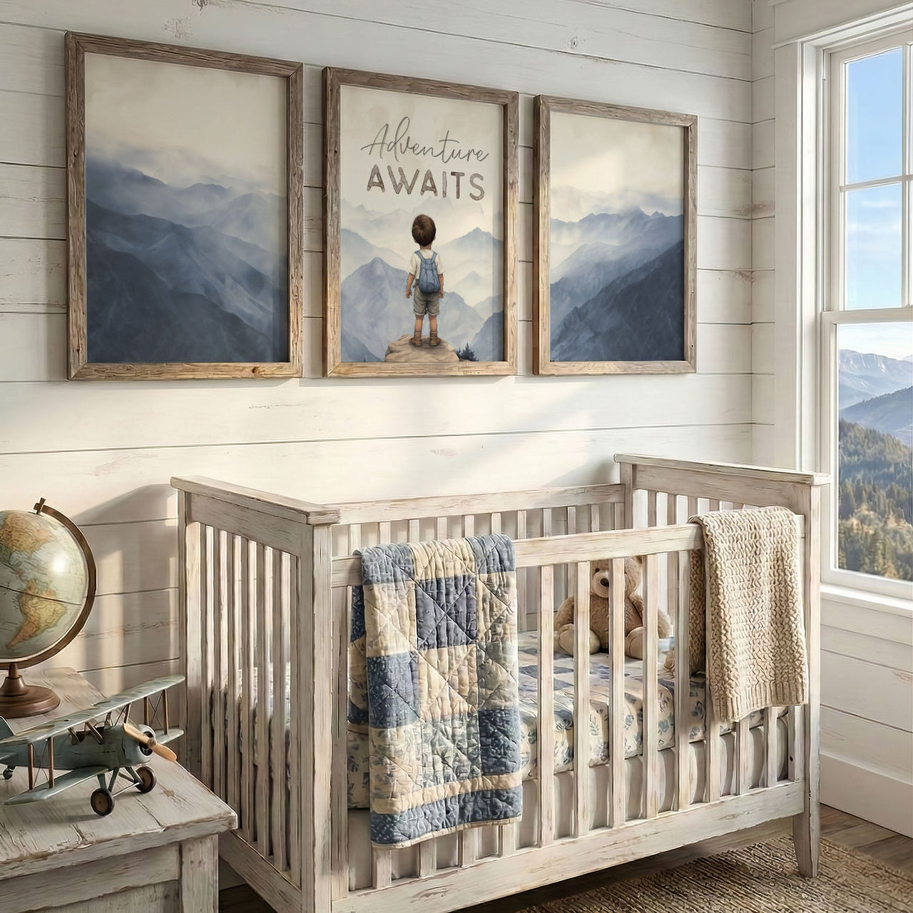 Mountain Wall Art for Kids – Adventure Awaits Boys Room Prints • Set of 3