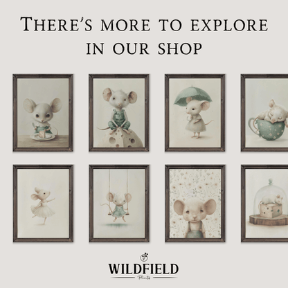 Mouse Nursery Print, Whimsical Tea Cup Art, Vintage Girls Room Decor - WildfieldPrints