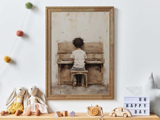 Music Nursery Decor, Boy Playing Piano, Vintage Wall Art for Kids - WildfieldPrints
