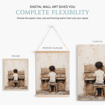 Music Nursery Decor, Boy Playing Piano, Vintage Wall Art for Kids - WildfieldPrints