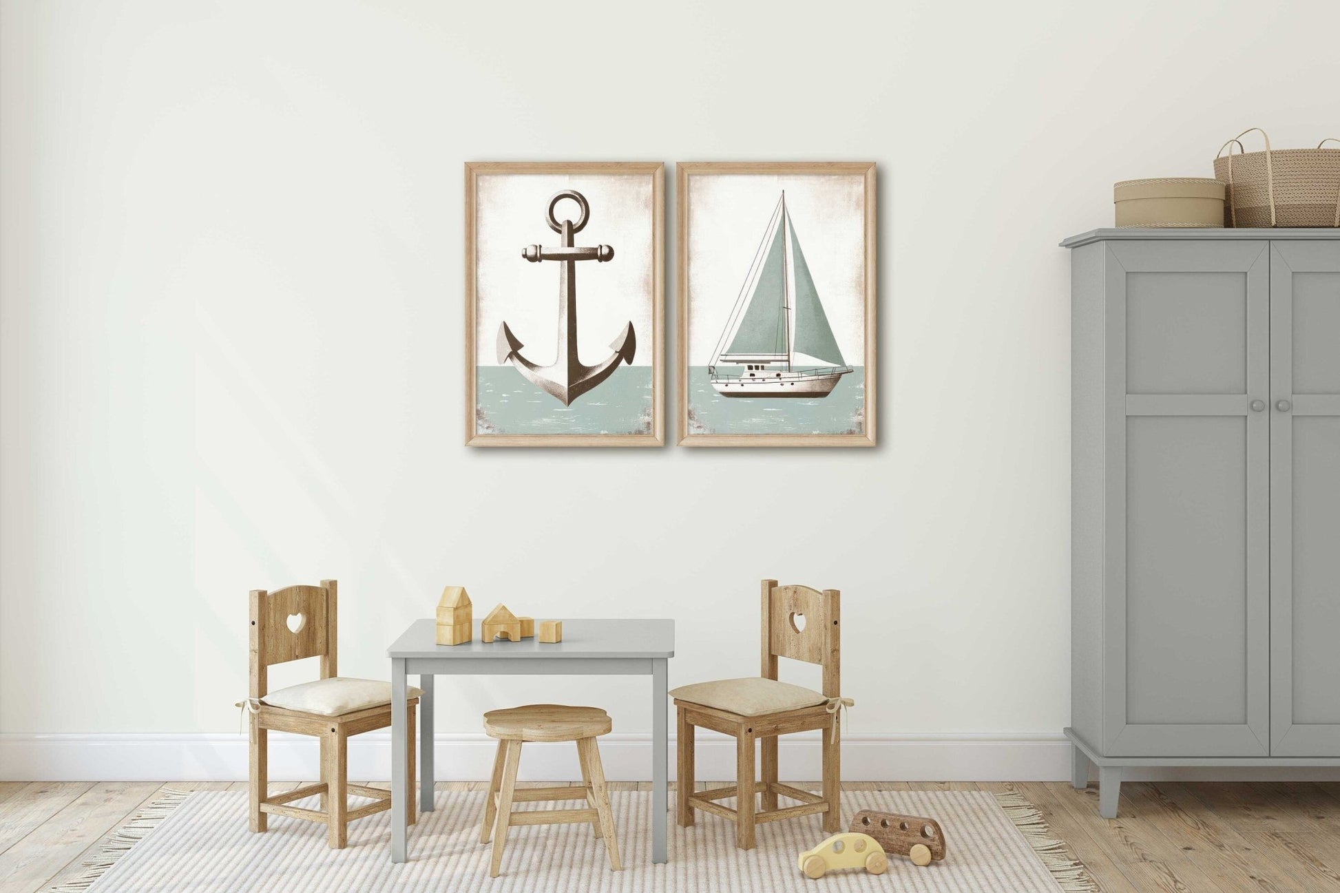 Nautical Anchor & Sailboat Prints, Ocean Theme Nursery Decor, Light Sage Green - WildfieldPrints