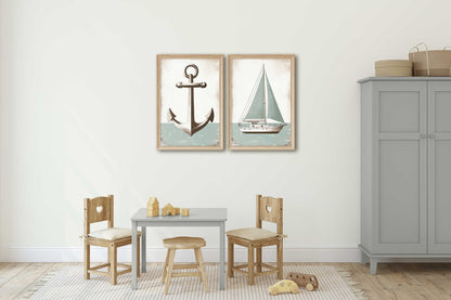 Nautical Anchor & Sailboat Prints, Ocean Theme Nursery Decor, Light Sage Green - WildfieldPrints