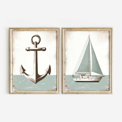 Nautical Anchor & Sailboat Prints, Ocean Theme Nursery Decor, Light Sage Green - WildfieldPrints