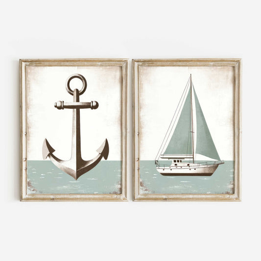 Nautical Anchor & Sailboat Prints, Ocean Theme Nursery Decor, Light Sage Green - WildfieldPrints