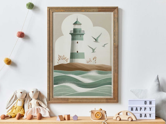 Nautical Nursery Decor, Vintage Coastal Art, Lighthouse Wall Print - WildfieldPrints