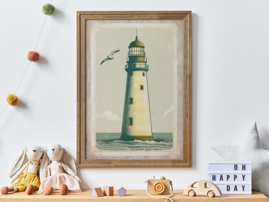 Nautical Nursery Decor, Vintage Coastal Art, Lighthouse Wall Print - WildfieldPrints
