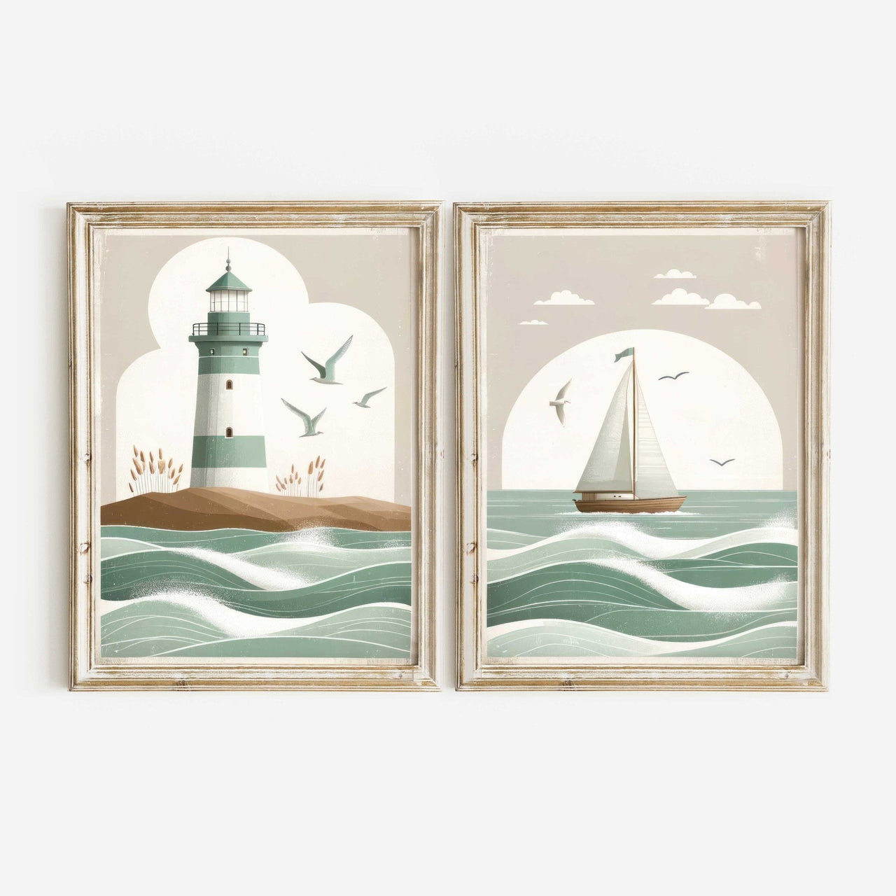 Sailboat & Lighthouse Wall Art – Coastal Nursery Print • Set of 2