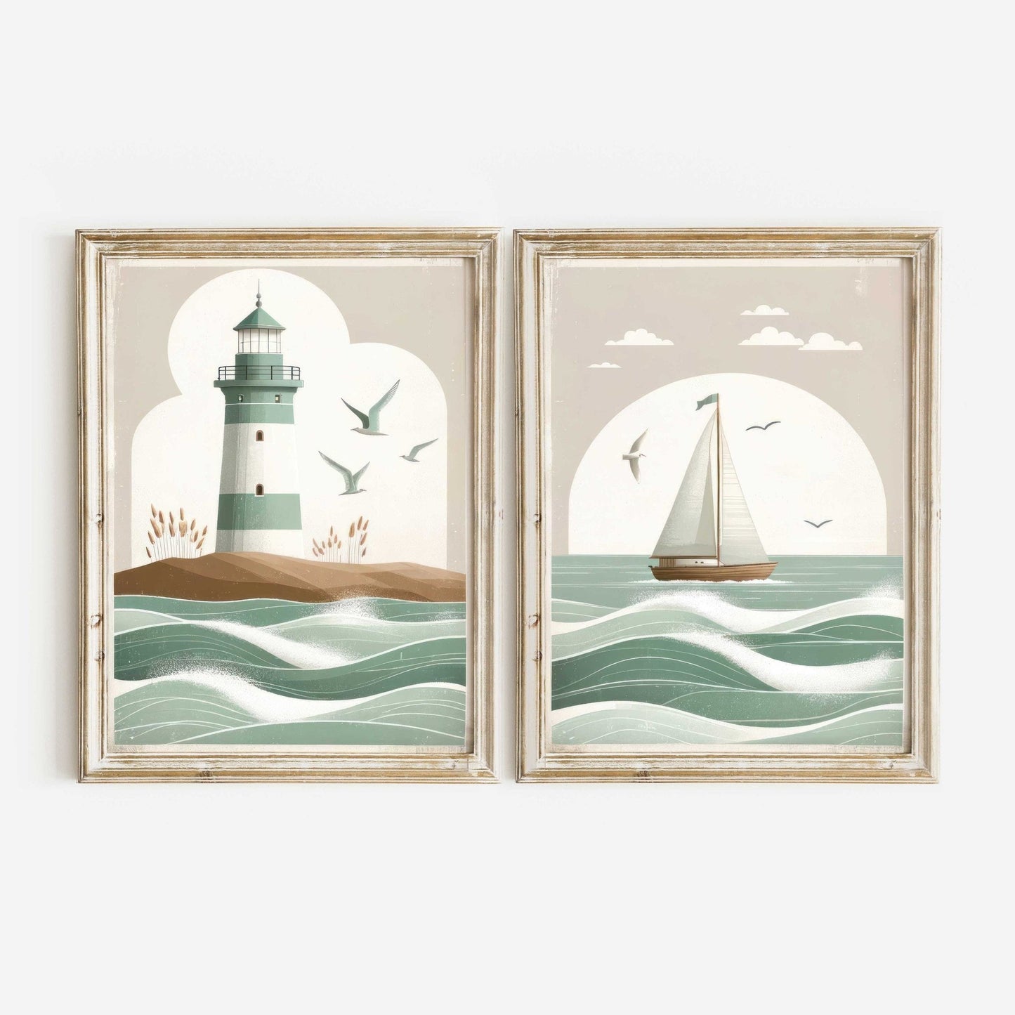 Nautical Nursery Decor, Vintage Coastal Art, Sailboat & Lighthouse Prints - WildfieldPrints
