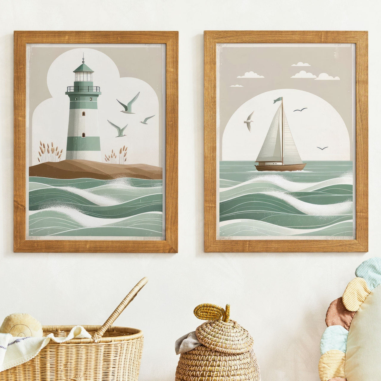 Sailboat & Lighthouse Wall Art – Coastal Nursery Print • Set of 2