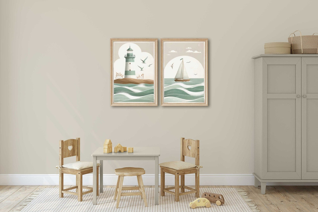 Sailboat & Lighthouse Wall Art – Coastal Nursery Print • Set of 2