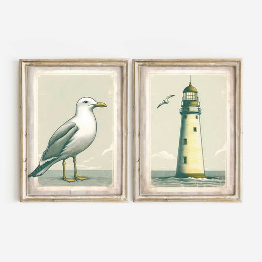 Nautical Nursery Decor, Vintage Coastal Art, Sailboat & Lighthouse Prints - WildfieldPrints