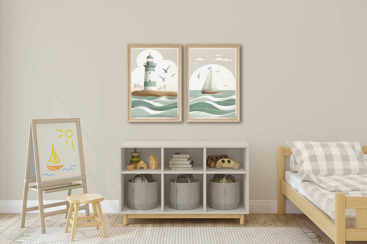 Sailboat & Lighthouse Wall Art – Coastal Nursery Print • Set of 2