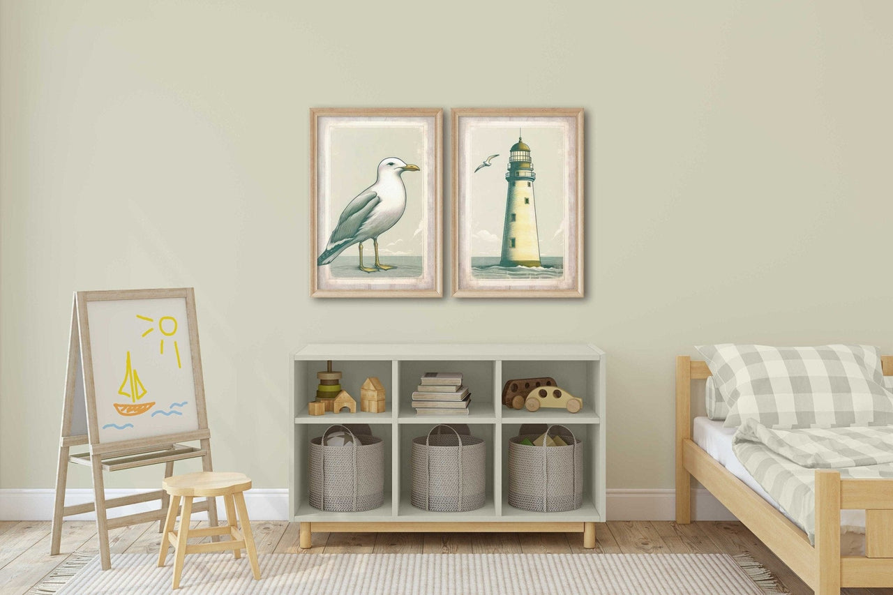 Sailboat and Lighthouse Wall Art – Coastal Girls Room Print • Set of 2