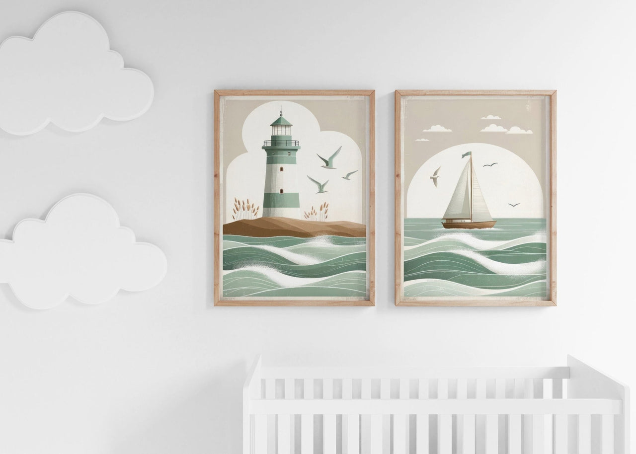Sailboat & Lighthouse Wall Art – Coastal Nursery Print • Set of 2