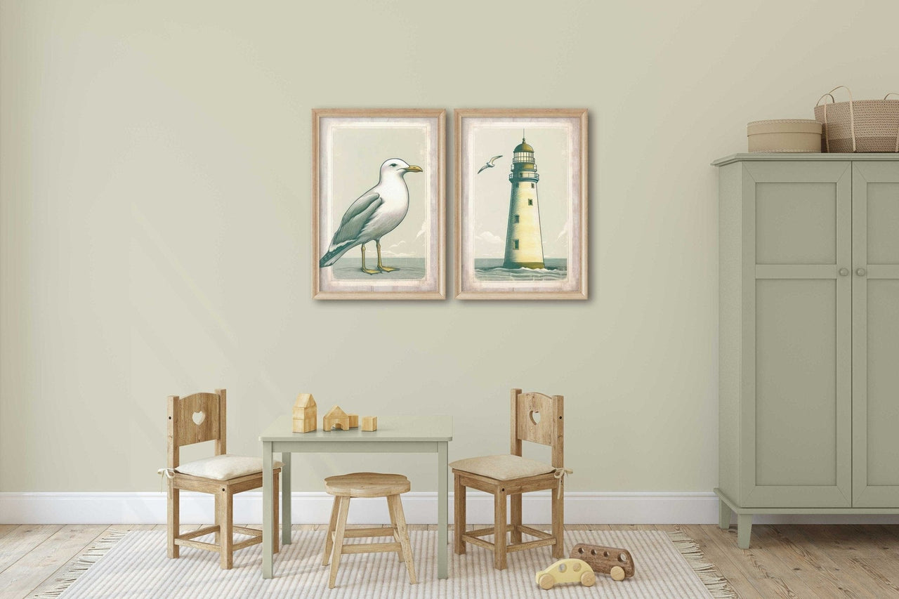 Sailboat and Lighthouse Wall Art – Coastal Girls Room Print • Set of 2