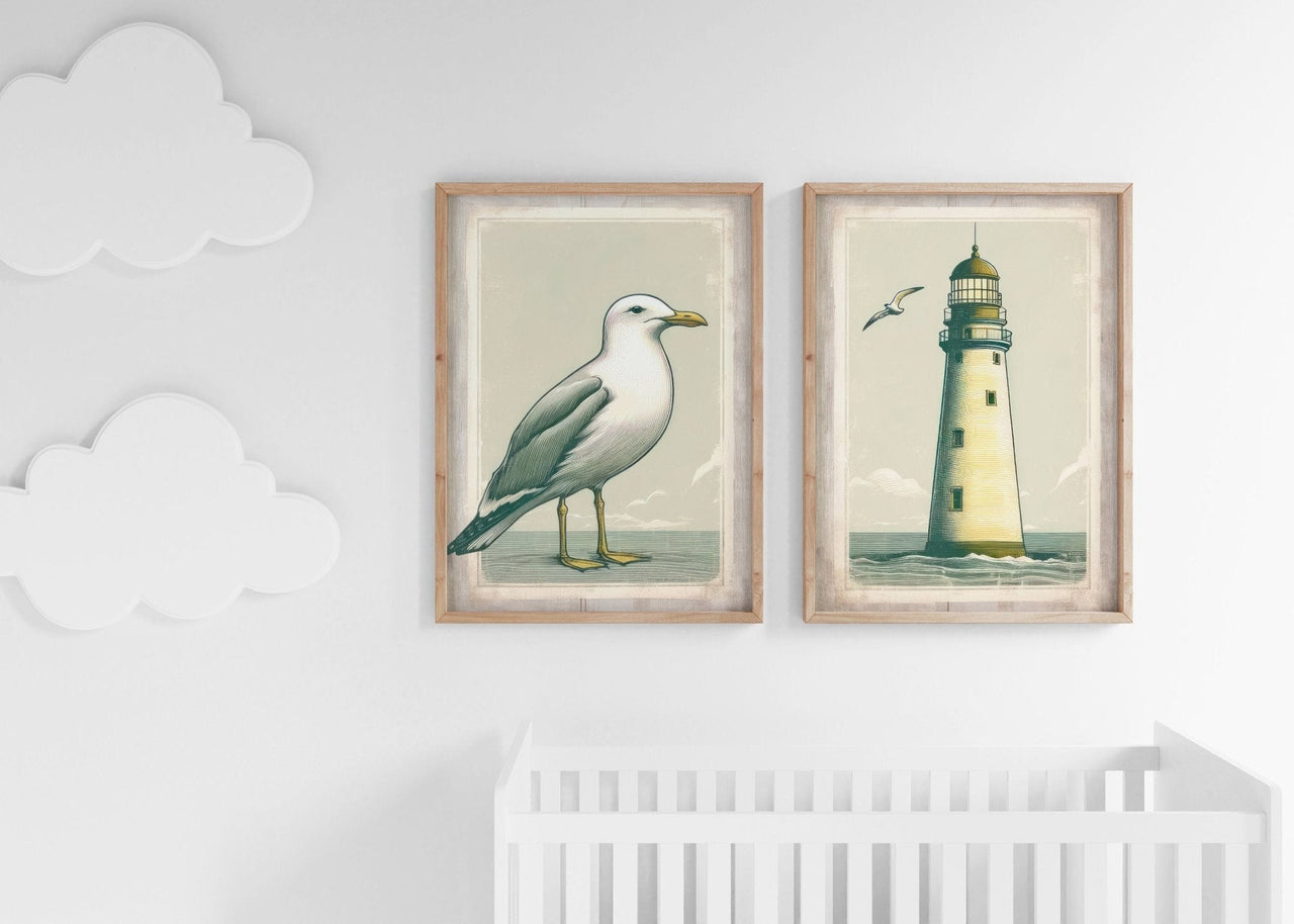 Sailboat and Lighthouse Wall Art – Coastal Girls Room Print • Set of 2