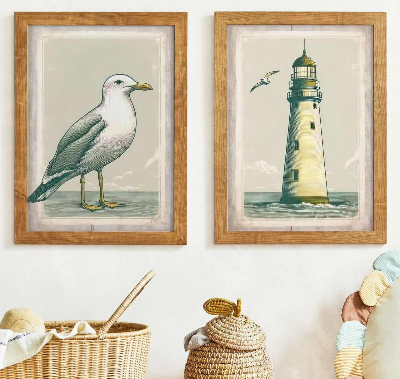 Sailboat and Lighthouse Wall Art – Coastal Girls Room Print • Set of 2