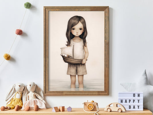 Nautical Vintage Nursery Wall Art, Girl with Toy Sailboat Print, Beige & Brown Decor - WildfieldPrints