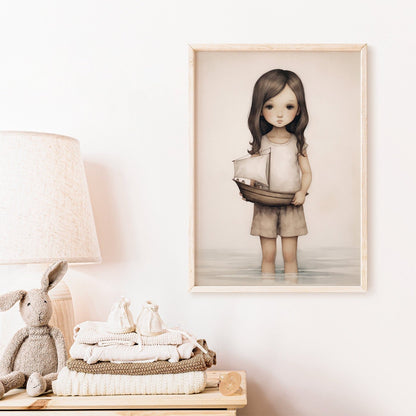 Nautical Vintage Nursery Wall Art, Girl with Toy Sailboat Print, Beige & Brown Decor - WildfieldPrints
