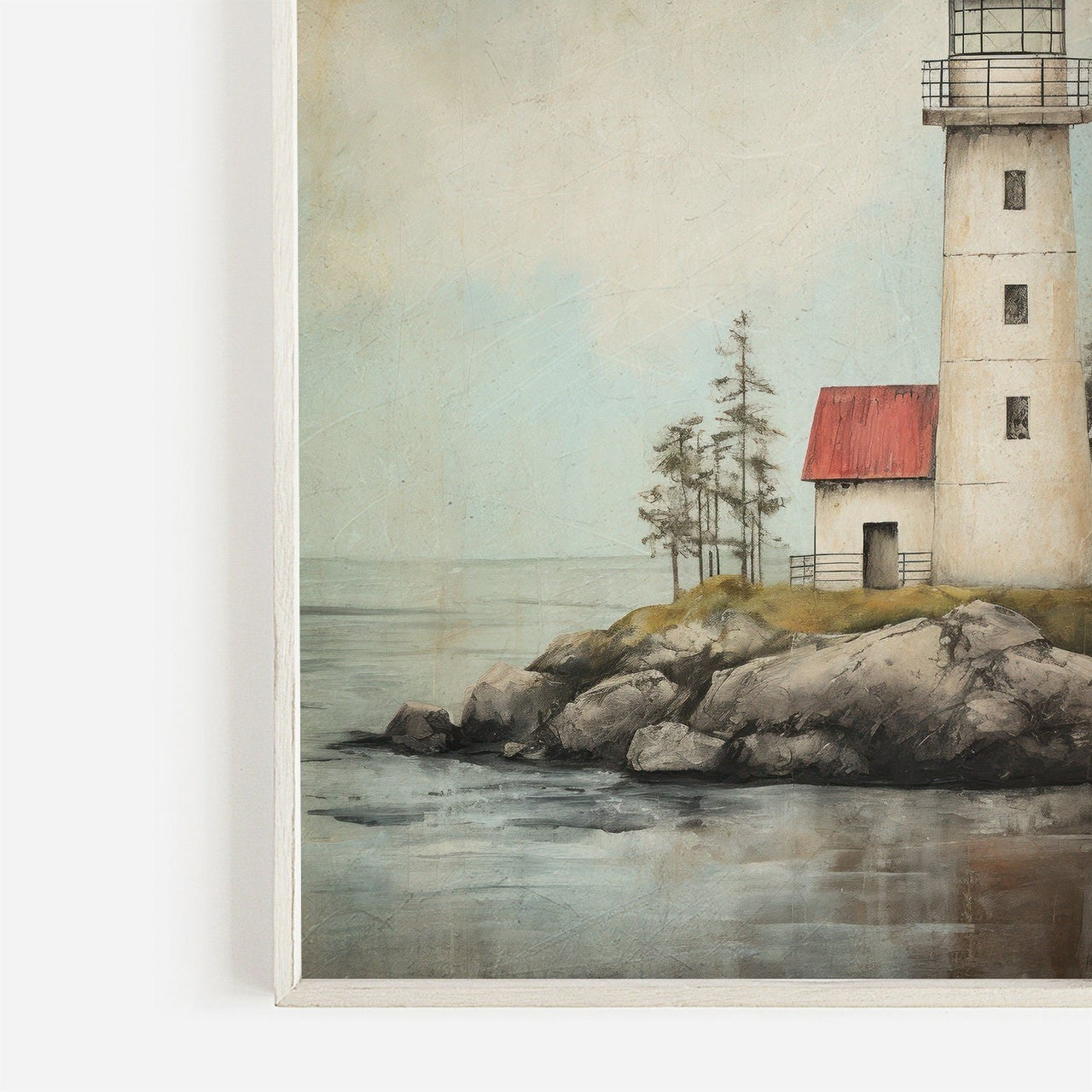 Red and White Lighthouse Print – Coastal Living Room Wall Decor