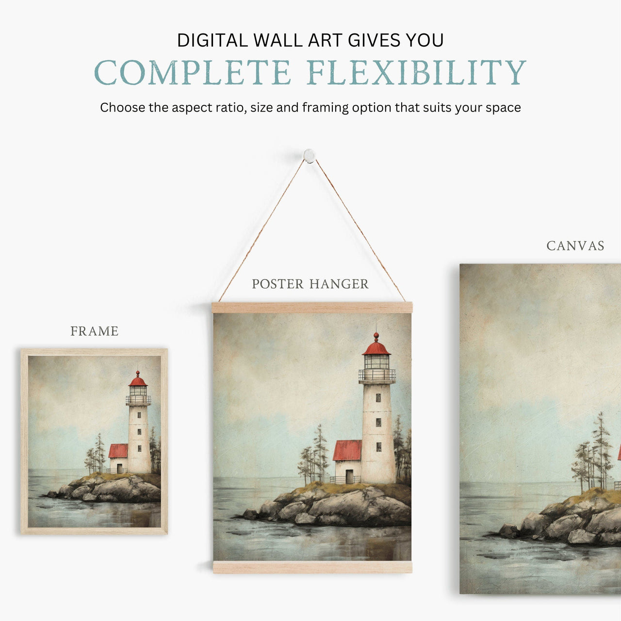 Red and White Lighthouse Print – Coastal Living Room Wall Decor