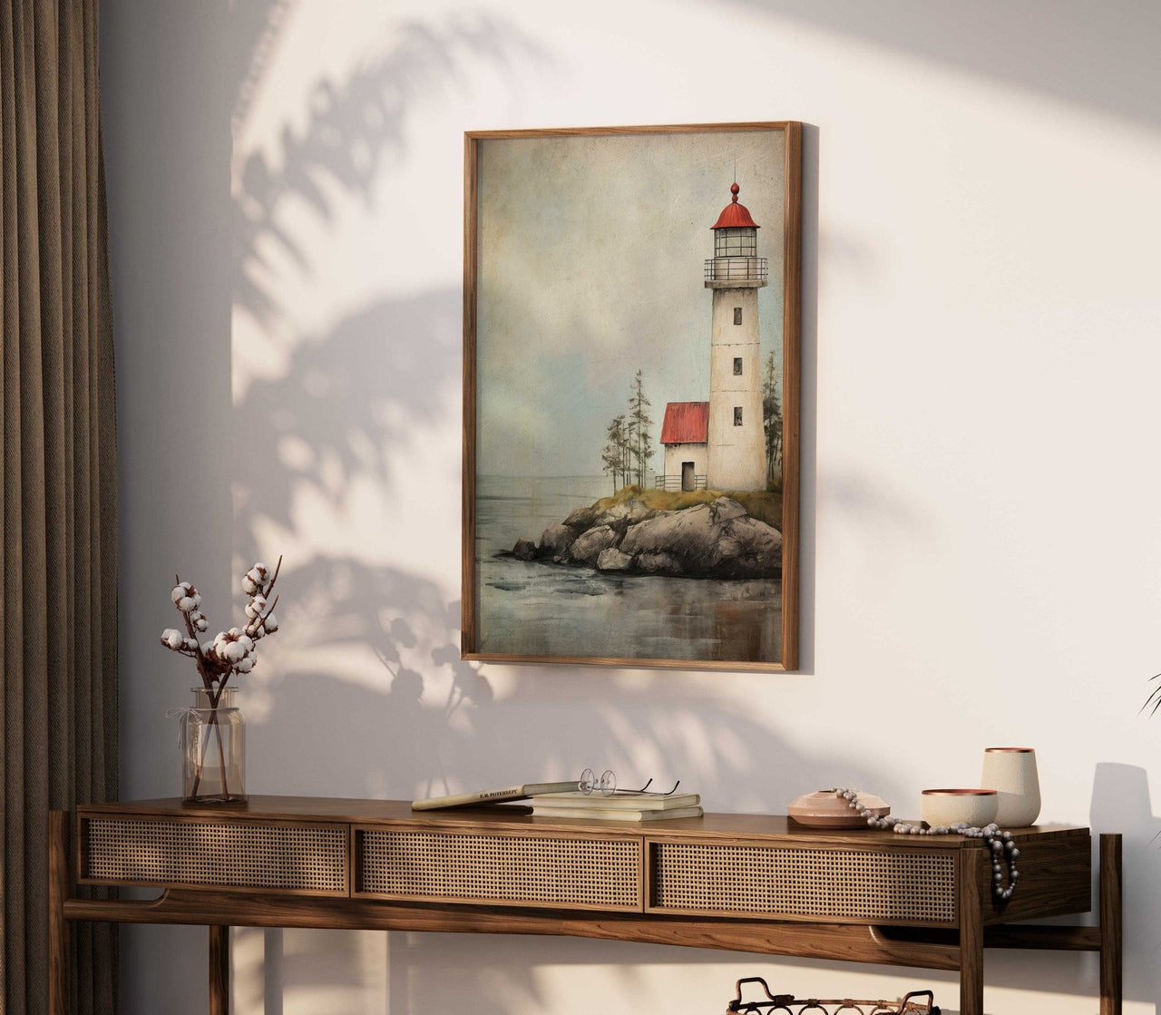 Red and White Lighthouse Print – Coastal Living Room Wall Decor