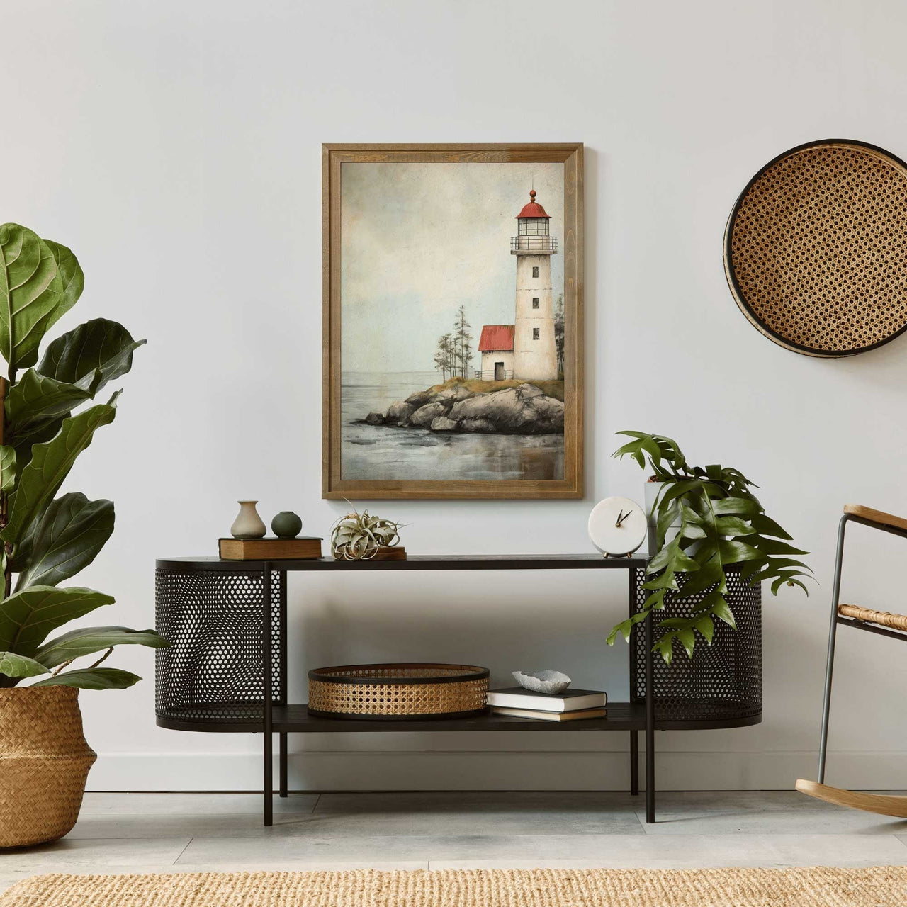 Red and White Lighthouse Print – Coastal Living Room Wall Decor