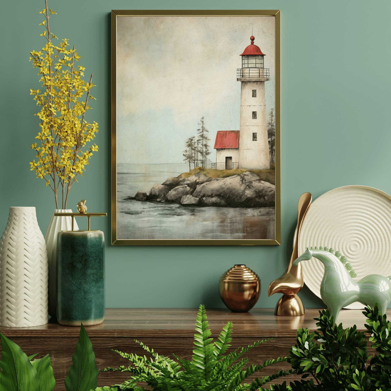 Red and White Lighthouse Print – Coastal Living Room Wall Decor
