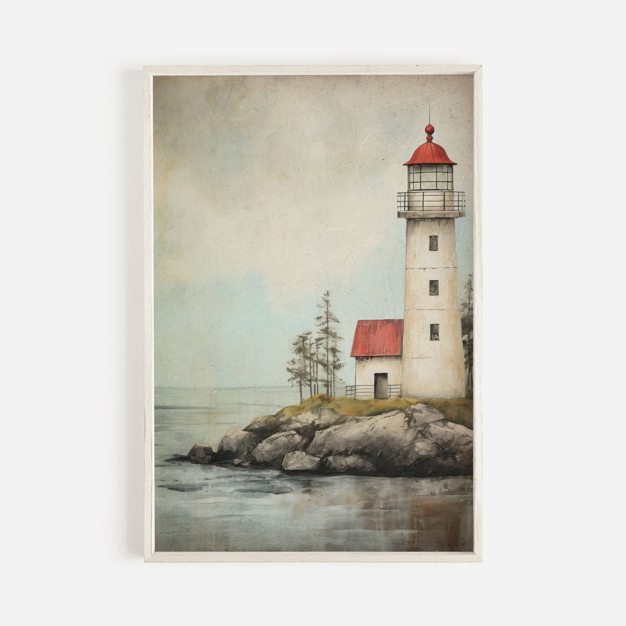 Red and White Lighthouse Print – Coastal Living Room Wall Decor