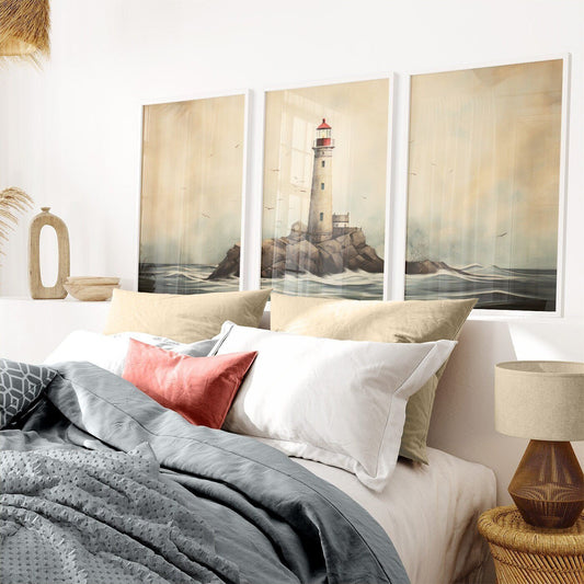 Nautical Wall Art, Rustic Sea Decor, Triptych Lighthouse Prints - WildfieldPrints