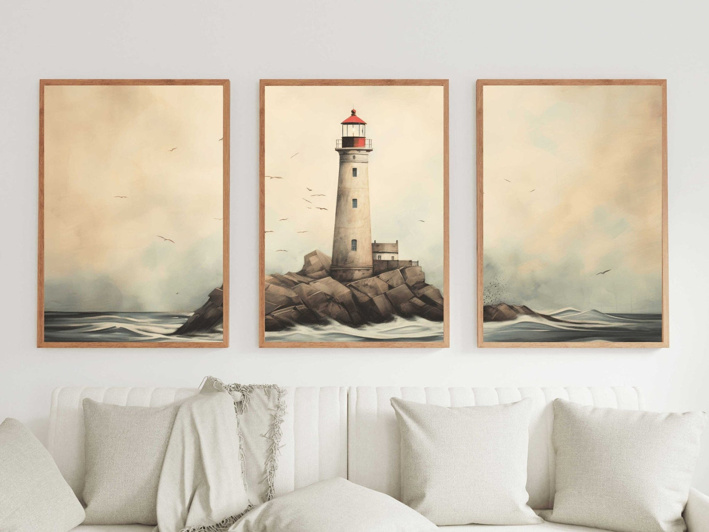 Nautical Wall Art, Rustic Sea Decor, Triptych Lighthouse Prints - WildfieldPrints