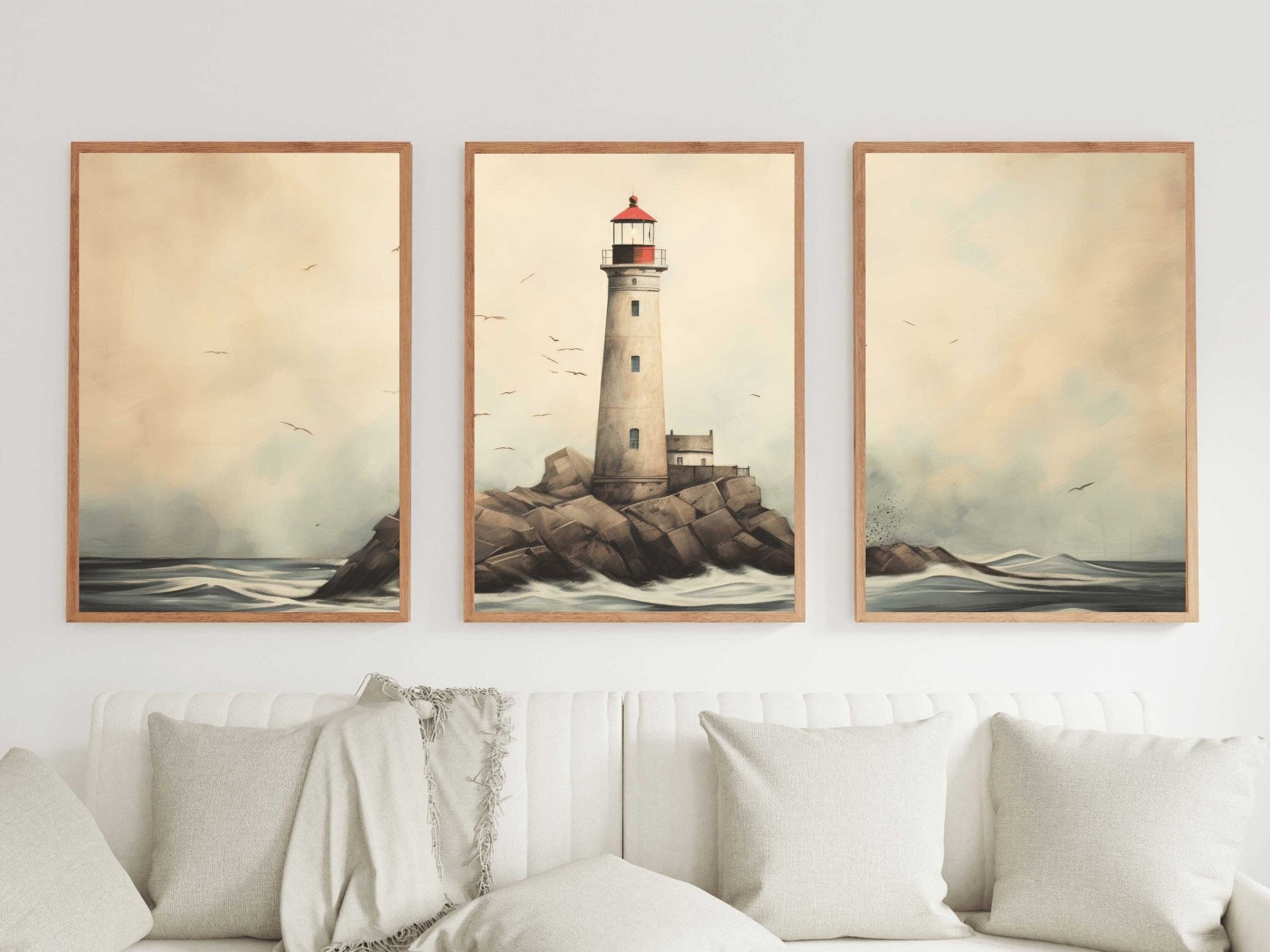 Nautical Wall Art, Rustic Sea Decor, Triptych Lighthouse Prints - WildfieldPrints