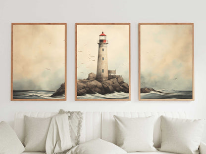 Nautical Wall Art, Rustic Sea Decor, Triptych Lighthouse Prints - WildfieldPrints