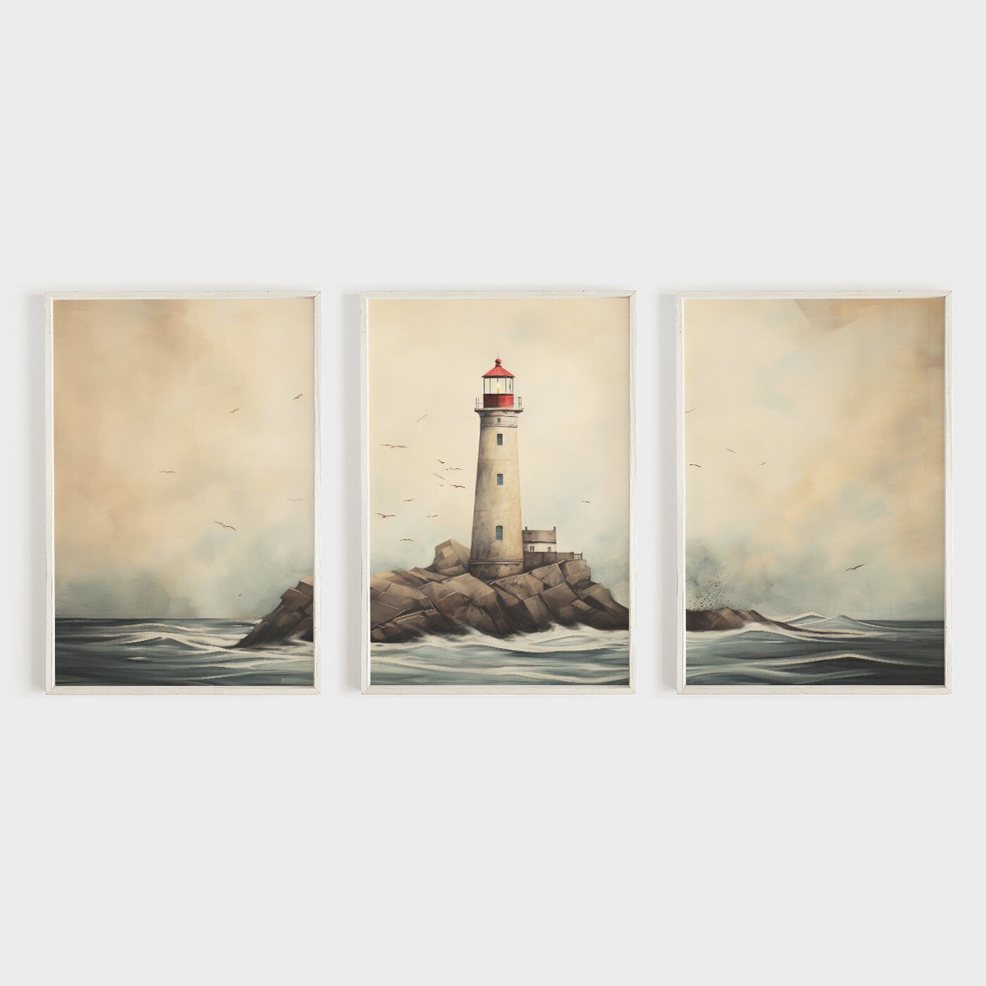 Nautical Wall Art, Rustic Sea Decor, Triptych Lighthouse Prints - WildfieldPrints