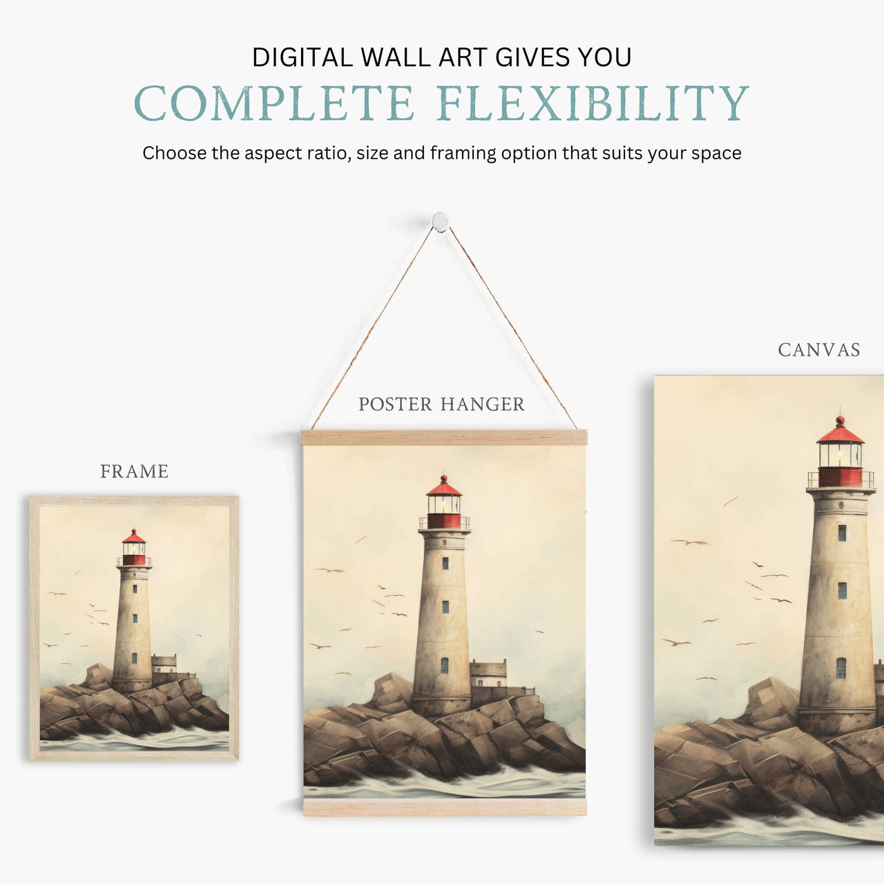 Lighthouse Wall Art – Coastal Living Room Decor • Set of 3