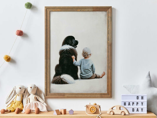 Newfoundland Dog Nursery Print, Boy & Dog Wall Art, Kids Room Decor - WildfieldPrints